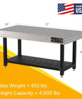 Heavy Duty No Frills Welding Fixture Table 72X36X36 Inches With Precision Laser Grid Holes, showing weight specifications.