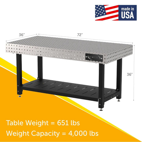 Heavy Duty No Frills Welding Fixture Table 72X36X36 Inches With Precision Laser Grid Holes, showing weight specifications.