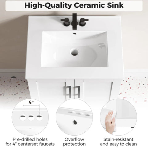 24 Inch Bathroom Vanity With Sink One Soft Close Drawer Two Cabinet Doors Killer White Wood Grain Finish Heavy Duty Engineered Wood Build For Quick Room Refresh Super Smooth Glide Hinges
