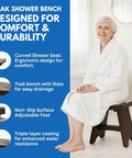 18 Inch Waterproof Teak Wood Shower Bench Stool Seat with woman sitting in robe, showing curved seat, adjustable foot pads.