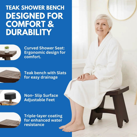 18 Inch Waterproof Teak Wood Shower Bench Stool Seat with woman sitting in robe, showing curved seat, adjustable foot pads.