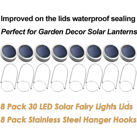 Eight Pack Solar Jar Light Lids With Fairy Star Firefly LED Strings, 30 Warm White LEDs Per Light, Includes Eight Hangers