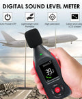 Digital Sound Level Meter With Recording And USB Rechargeable Power, 30 To 130 dB Range, 31,000 Data Logs, Three Color Alarm Lights, PC Data Export For Windows, Easy Setup For Home, Classrooms, Offices, And Industrial Environments. Handheld black and red unit with foam mic and LCD