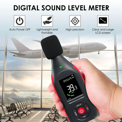 Digital Sound Level Meter With Recording And USB Rechargeable Power, 30 To 130 dB Range, 31,000 Data Logs, Three Color Alarm Lights, PC Data Export For Windows, Easy Setup For Home, Classrooms, Offices, And Industrial Environments. Handheld black and red unit with foam mic and LCD