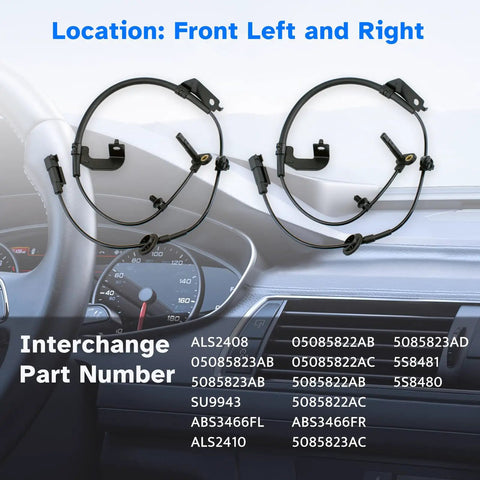 Front Abs Wheel Speed Sensor Pair For Dodge Journey Avenger Chrysler 200 Sebring 2007 To 2020 Left Right Side mounted on dashboard.