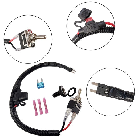 Fuse Bypass Switch Kit For Mini Fuse Tow Vehicles with components showing rocker switch, waterproof cover, and cable.