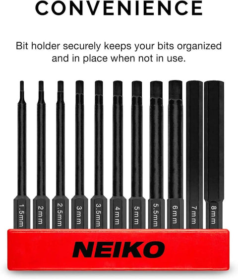 11 Piece Hex Allen Power Bit Set With Magnetic Tips And Quick Release Shanks For Drills And Impact Drivers Metric Sizes 1.5mm To 8mm displayed in holder