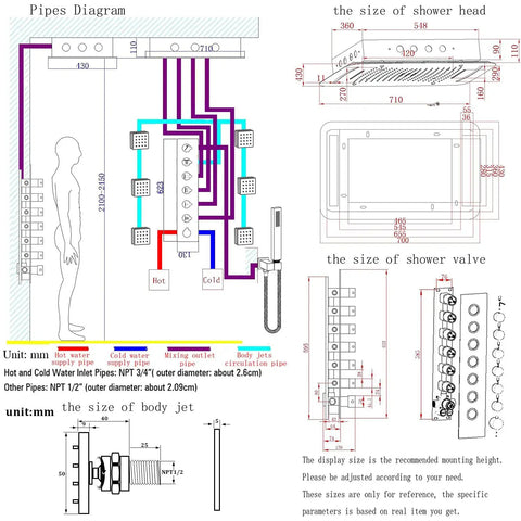 Pipes diagram and size specifications for the Slick 28 Inch Ceiling Rainfall Shower Panel With Bright Led Display And Six Dual Mode Body Jets Complete Brushed Gold Bathware Kit.