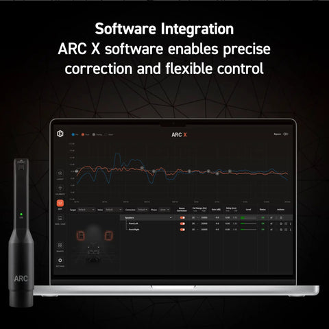 ARC Studio Room Correction System With High Precision Microphone and Pro Grade Calibration Software displayed on laptop