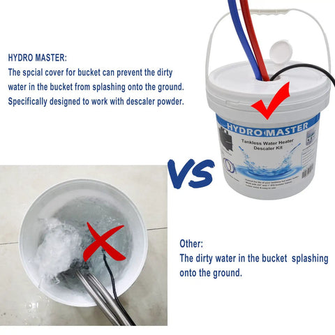 Tankless Water Heater Flush Kit With Submersible Pump, 3.2 Gallon Pail With Screw Top Lid preventing leaks, before and after