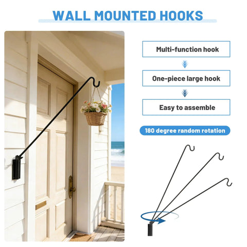 Rock Solid Adjustable Deck Hook Wall Pole Extending Twenty Eight To Forty Three Inches For Backyard Display Of Bird Feeders Plants Wind Chimes Lanterns Built Tough Rust Resistant Steel Bracket, mounted on door with hanging flower basket.