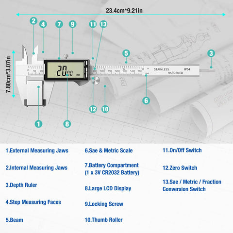 Diagram of Ultra Precise 6 Inch Digital Caliper With Large LCD Display, Stainless Steel Body, showing features and dimensions.
