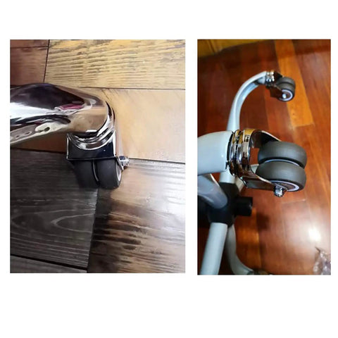 Set Of Five 2 Inch Swivel Caster Wheels Featuring M10 X 25mm Threaded Stem For Fast Office Chair Replacement gliding on wooden floor.