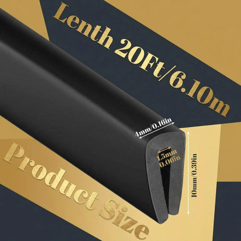 Black U-Channel Rubber Edge Trim, Flexible PVC Edge Protector for Sheet Metal, 20Ft in length, showing product size details.