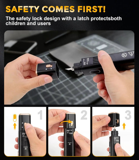 40kHz Ultrasonic Cutter Knife With OLED Display safety lock and latch shown with blade cap and hands