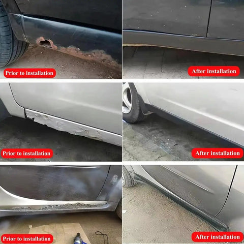 Premium Solid Rubber Car Skirt Guard Strip For Tesla Cybertruck before and after installation on damaged lower panels.