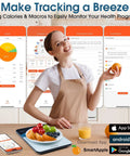 Woman holding orange next to Bluetooth Kitchen Scale 10kg And 22lb Capacity With Smart Nutrition App and displays of app interfaces