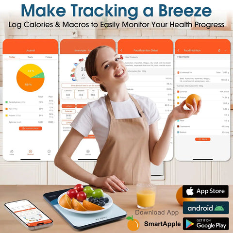 Woman holding orange next to Bluetooth Kitchen Scale 10kg And 22lb Capacity With Smart Nutrition App and displays of app interfaces
