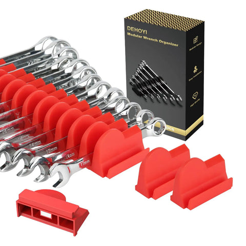 Magnetic Modular Wrench Organizer Set For Tool Drawers, red holders with wrenches and packaging, fits 6mm to 38mm