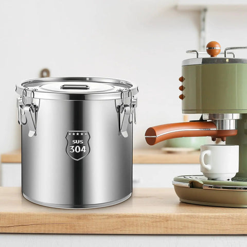 Stack It High With Heavy Duty 304 Stainless Steel Airtight Canisters 3 Pack Featuring Slam Lock Clamps for 12L coffee storage.