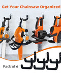 Chainsaw Wall Mount Hook Set 6 Pack Heavy Duty Chainsaw Holder For Garage Organization And Shed Storage with mounted chainsaws