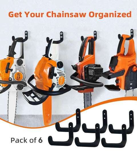 Chainsaw Wall Mount Hook Set 6 Pack Heavy Duty Chainsaw Holder For Garage Organization And Shed Storage with mounted chainsaws
