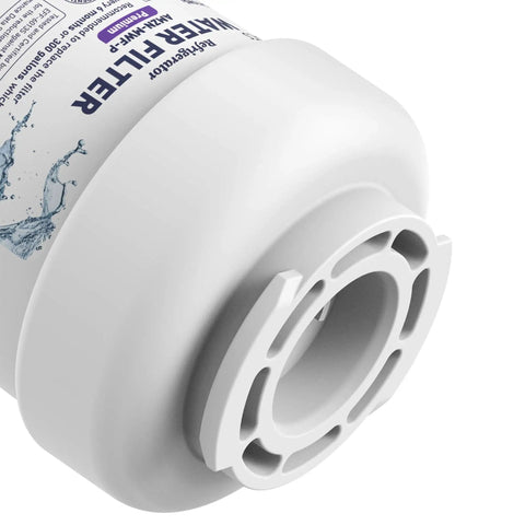 Close-up of GE MWF Refrigerator Water Filter Cartridge With Dope Filtration And Advanced Filtration showing leak-proof connector