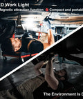 Mechanic using rechargeable 5000 lumen magnetic work light with 180 degree swivel for car repair in dim garage.