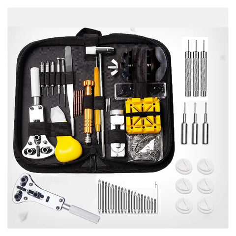 Kickass Heavy Duty Eight Piece Watch Repair Tool Kit Featuring Link Pin Remover Case Opener And Battery Replacement Tools displayed in a black storage case.