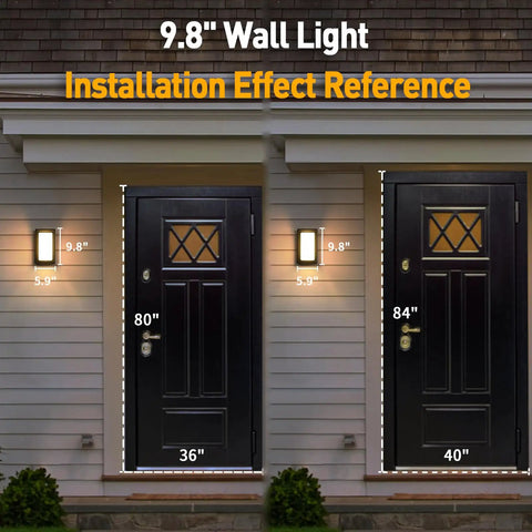Installation reference of Solar Powered Outdoor Wall Light 9.8 Inch LED Sconce illuminating front porch doors at night