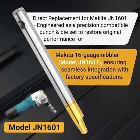 Plug And Play Replacement Nibbler Punch And Die Set For JN1601 Metal Cutting Tool displayed with electric drill illustration