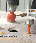 Front view: orange diamond core drill bit cutting a circular hole in stone tile, BGTEC logo visible.