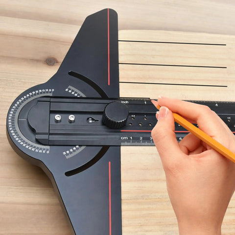 Hand using Pro Grade Layout Measuring Tool With Angles Finder For Woodworking And Construction on wooden surface