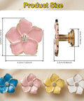 Legit Gorgeous Gold Floral Cabinet Knobs With Sparkling Rhinestone Center 5 Petal Pearlescent Enamel Dresser Pulls size chart image displaying four colorful knobs.