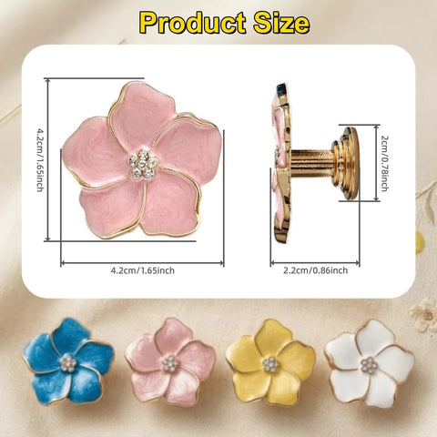 Legit Gorgeous Gold Floral Cabinet Knobs With Sparkling Rhinestone Center 5 Petal Pearlescent Enamel Dresser Pulls size chart image displaying four colorful knobs.