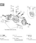 Front view diagram of 3mm Planet Axles with Brass Steering Knuckles for 1/30 SCX30 RC Crawler Upgrade Kit showing assembly parts.