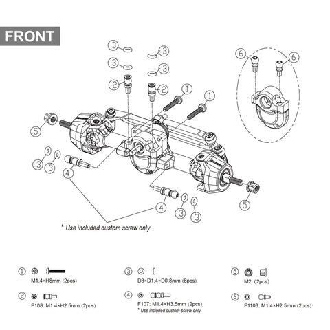 Front view diagram of 3mm Planet Axles with Brass Steering Knuckles for 1/30 SCX30 RC Crawler Upgrade Kit showing assembly parts.