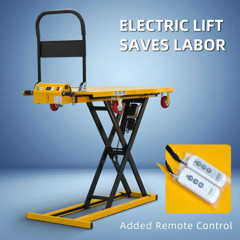Heavy Duty Electric Scissor Lift Table Cart 47 Inch Height With 660 Lbs Capacity Portable Flatbed Hand Truck with remote control.