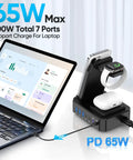 All In One 300W Charging Station for Multiple Devices With 10 in 1 Wireless Charger connected to laptop and Apple devices.