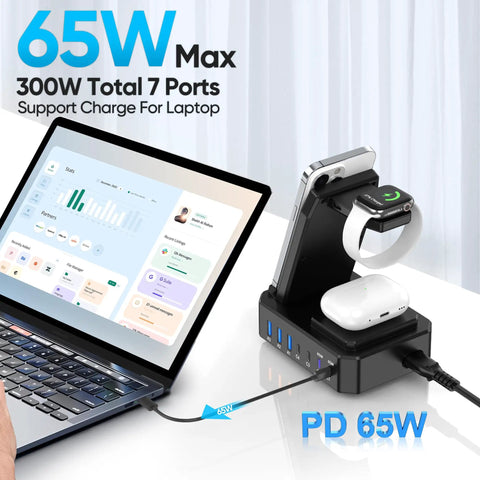 All In One 300W Charging Station for Multiple Devices With 10 in 1 Wireless Charger connected to laptop and Apple devices.