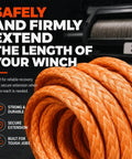 Three Eighths Inch Ninety Two Foot Synthetic Winch Extension Rope Orange For Off Road Recovery, Ultra High Molecular Weight Polyethylene, Minimal Stretch, Non Rotating, UV And Chemical Resistant, Heavy Duty Recovery Gear coiled on winch