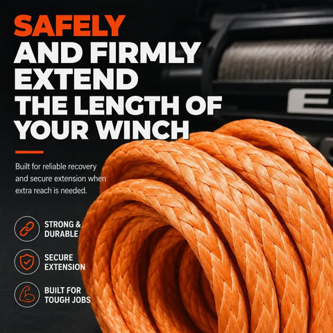 Three Eighths Inch Ninety Two Foot Synthetic Winch Extension Rope Orange For Off Road Recovery, Ultra High Molecular Weight Polyethylene, Minimal Stretch, Non Rotating, UV And Chemical Resistant, Heavy Duty Recovery Gear coiled on winch