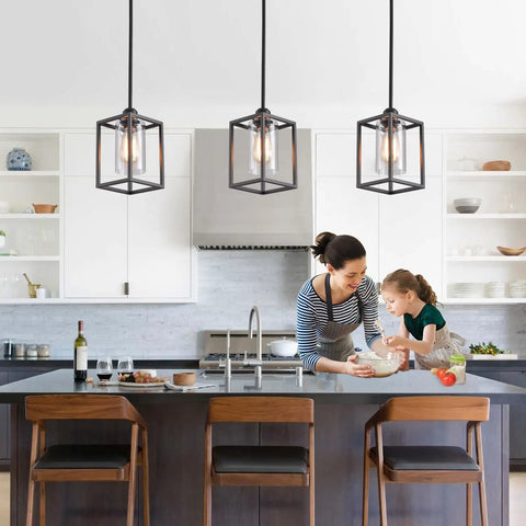 Three Pack Black Pendant Lights For Kitchen Island Industrial Lantern Style Hanging Lamps over a modern kitchen setup