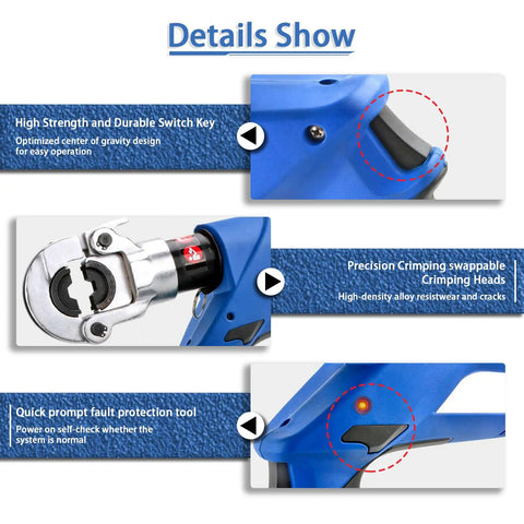 Heavy Duty Cordless Electric Hydraulic Crimping Pliers With Dual 4.0Ah Lithium Packs showing durable switch key and crimping heads.