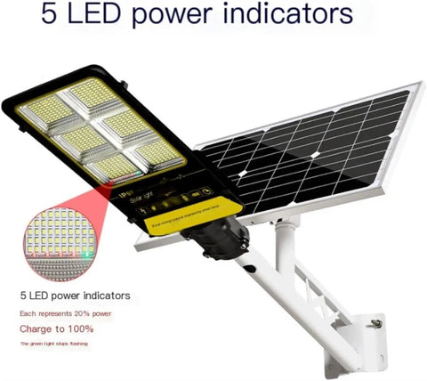 JUDYSSY Solar Street Lights Outdoor Lamp, Dusk to Dawn Security Led Flood Light with 5 LED power indicators.