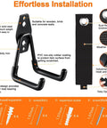 4 Pack Heavy Duty Garage Hooks, 7.7 Inch U Shaped Wall Mounted Hangers with 2 Extra Long Nylon Straps shown with installation components and features.