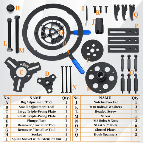 Pro Grade Dry Dual Clutch Transmission Removal And Installation Tool Kit For Ford Focus Fiesta Transit Connect 2019 And B MAX DPS6 Compatible Heavy Duty DIY Friendly Professional Alignment Tools, steel parts laid out