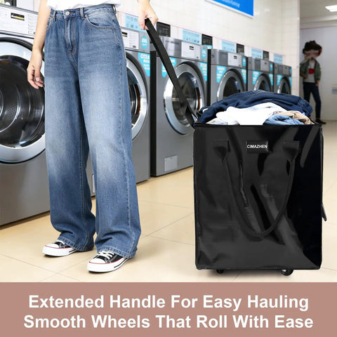 Person using Heavy-Duty 70L Folding Rolling Tote Cart With Four Wheels Three Handles And Zipper 76-Lb Capacity in laundromat.