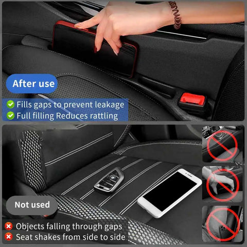 Comparison of car seat with and without 4 Piece Car Seat Gap Filler Organizer With Dual Slot And Belt Slot For Cars SUVs And Trucks Anti Drop Gap Blocker No More Lost Items To Stop Phones Wallets And Keys From Falling Between Seat And Console Black installed, showing reduced gap and secure items.