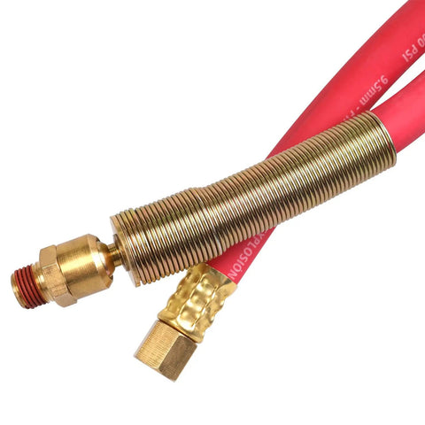 Red Heavy Duty Rubber Air Hose With Solid Brass 1/4 Inch Mnpt Ball Swivel And Fnpt Ends 300 Psi High Pressure lead in line close-up.